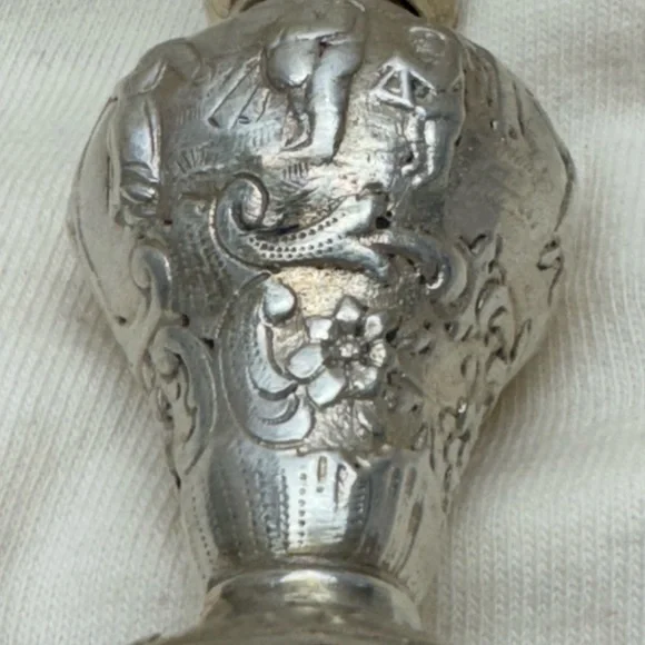 Antique Coin Silver Repousse Salt & Pepper Shakers Figural Dancing Scene 19c
